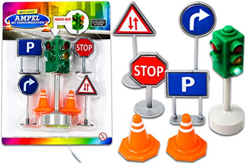 Trendario Kinder Verkehrsschilder Spielzeug, 7-teiliges Verkehrszeichen Set, Straßenschilder Spielzeug und Ampel mit Lichtfunktion von Trendario