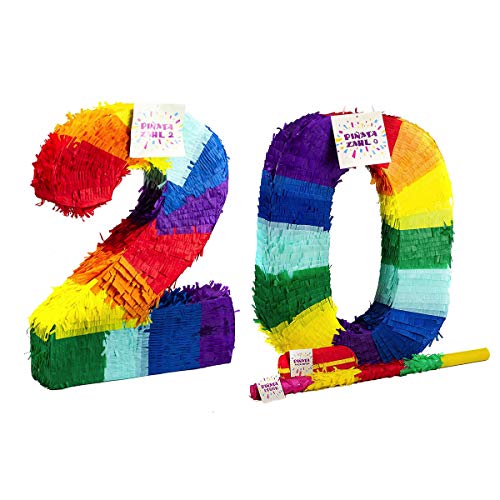 Trendario Pinata Zahl 20 Set - Mehrfarbig - ungefüllt - Ideal zum Befüllen mit Süßigkeiten und Geschenken - Piñata für Geburtstag Spiel, Geschenkidee, Party, Feier, Überraschung Stab Maske von Trendario