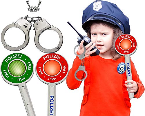 Trendario Polizei Set Kinder - Handschellen aus Metall inkl. Schlüssel und Polizeikelle mit Lichtfunktion - ideal als Polizeikostüm, Polizei Spielzeug für Kinder von Trendario