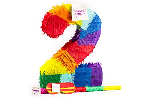 Trendario Zahl 2 Pinata Set, Pinjatta + Stab + Augenmaske, Ideal zum Befüllen mit Süßigkeiten und Geschenken - Piñata für Kindergeburtstag Spiel, Geschenkidee, Party, Hochzeit von Trendario