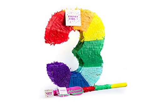 Trendario Zahl 3 Pinata Set, Pinjatta + Stab + Augenmaske, Ideal zum Befüllen mit Süßigkeiten und Geschenken - Piñata für Kindergeburtstag Spiel, Geschenkidee, Party, Hochzeit von Trendario