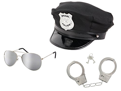 Trendmaus Polizeikostüm Cop Kostüm Accessoires - Polizeihut Schwarz mit Sonnenbrille silber verspiegelt und Chrom Handschellen von Trendmaus