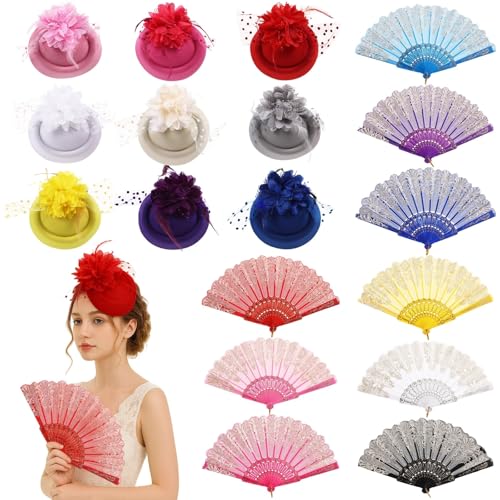 18-teiliges Fascinator- und Fächer-Set, Vintage-Stirnband, Hüte, Teeparty-Kopfschmuck, buntes Cocktail-Zubehör, ideal für Hochzeit, Cocktail, Teeparty von Tressify