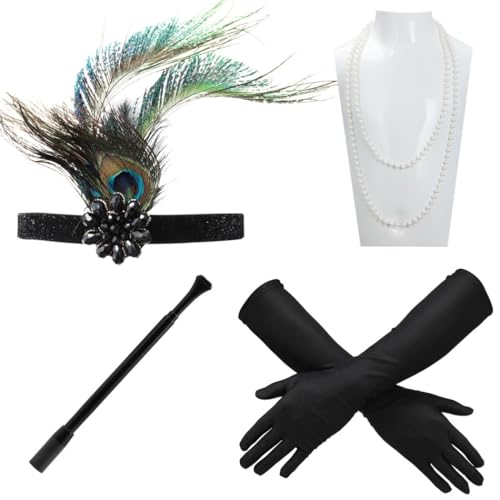 Tolles 1920er Jahre Vintage Accessoires Set, Flapper Frauen Kit, Zigarettenstab, Perlenkette, Kostümzubehör, Set, Stirnband, Kopfbedeckung, 5-teilig für Frauen von Tressify