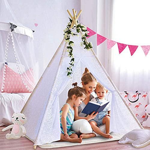 Triclicks Tipi Zelt Für Kinder, Tipi Spielzelt für Kinder, Indianerzelt Kinderzelt Wigwam Spielhaus Für Drinnen & Draußen, 100% Baumwolle Segeltuch (Weißer Spitze) von Triclicks