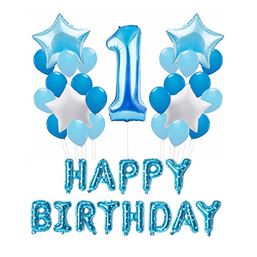 Trimming Shop Dekorationsset für Jungen zum 1 Geburtstag, Blaus Party-Dekorationsset, große Heliumfolie Nummer 1 und Folienballons "Happy Birthday“ für Geburtstagspartys von Trimming Shop