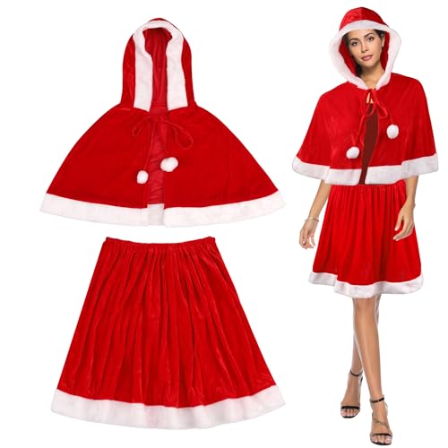 Trimming Shop Weihnachtsmann-Schal, Kapuzenumhang und Rock, Set – Samt-Umhang mit weißem Rand, Weihnachts-Kostüm für Büro-Party, Schulspiel, Einkaufszentrum, Spendenaktion oder Urlaubs-Event-Outfit von Trimming Shop