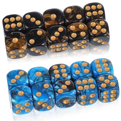 Trinkrittey 20 Stücke Würfel Set D6 16mm Acryl Dice Polyedrische Sechsseitiger Spielwürfel Zweifarbige Würfel for Tischspiele (Blaues Gold, Schwarzes Gold) von Trinkrittey