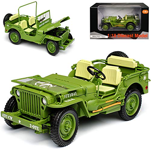 1/4 TON Army Truck Grün Jeep Willys USA Army 2. Weltkrieg Militär Polizei Triple 9 1/18 PremiumX Modell Auto mit individiuellem Wunschkennzeichen von Triple9