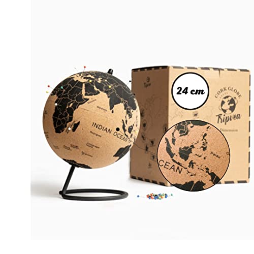 TRIPVEA® Weltkugel aus Kork 24cm - Vintage Globus kork - Dekorative Weltkarte zum Thema Reisen - Ideale Geschenk- und Deko Idee - Höhe = 24 cm von Tripvea