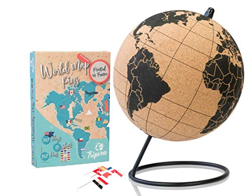 TRIPVEA® Weltkugel aus Kork 20cm + 342 selbstklebende Flaggen zum Einpflanzen - Vintage Globus kork - Dekorative Weltkarte zum Thema Reisen - Ideale Geschenk- und Deko Idee - Höhe = 20 cm von Tripvea