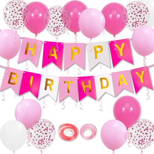 Geburtstagsdeko Decoration, Happy Birthday Girlande, Happy Birthday Deko, 16-pcs 12-inch Ballon mit 2-Bändern für Mädchen und Frauen Geburtstag Deko（Rosa） von Trivunpis