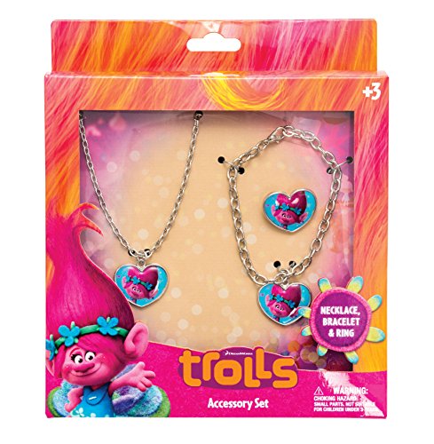 Joy ToyTrolls 65176 - Poppy Metallschmuck Set: Armband, Kette und Ring in Geschenkverpackung 15 x 3 x 18 cm, Pink von Joytoy