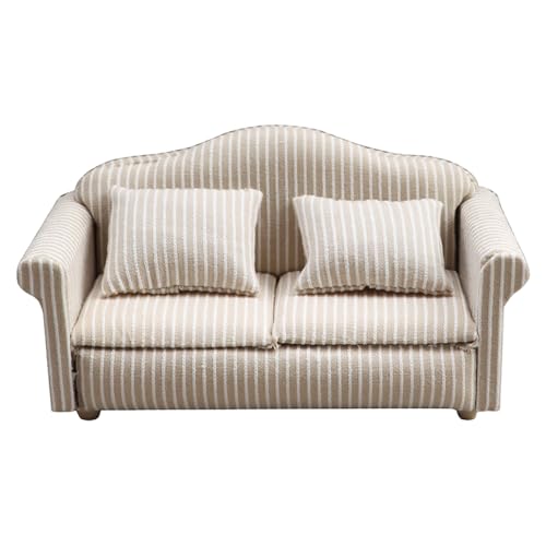 Dollhouse Couch 1/12 Miniatur Beige Stripe Dollhouse Stuhl mit dekorativem Wurfkissen Multifunktionale Möbel für Wohnzimmer oder Schlafzimmer, Doppel Couch von Trrymbbe