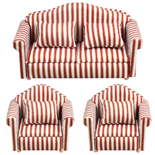 Dollhouse Couch 3PCS 1:12 Skala EIN- und 2 -Sitz -Streifenpuppenhaus -Sofa mit Kissen realistische Miniaturmöbel für Wohnzimmer, Schlafzimmer von Trrymbbe