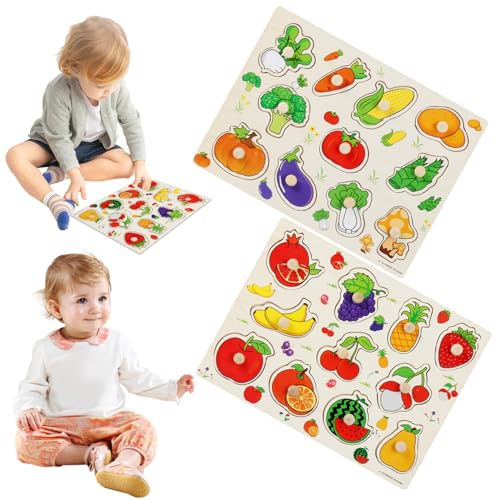Trrymbbe 2pcs hölzerne Peg-Rätsel, farbenfrohe Frucht- und Gemüsestile Peg-Rätsel, Montessori-inspirierte pädagogische Holzspielspiel für das Alter 3-7 Jahre altes Kind von Trrymbbe