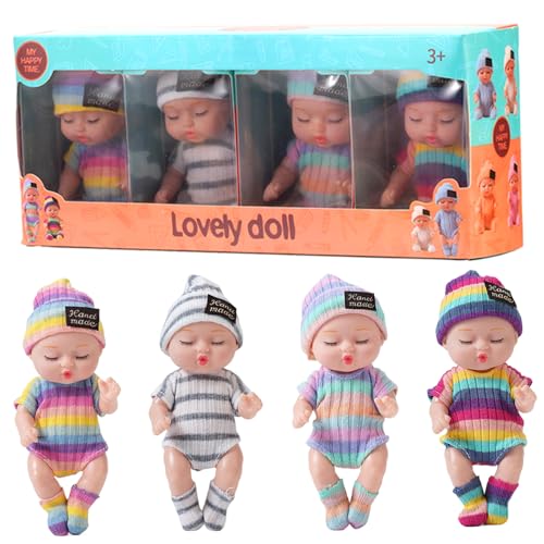Trrymbbe Mini Babypuppen 4pcs 4 Zoll realistisch schlafend kleine Babypuppen mit Kleidung auf 4 Farben bewegliche Gelenk winzige Puppe, Geschenke für Mädchen, gestreifte Kleidung von Trrymbbe