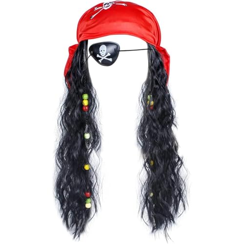 Trrymbbe Pirate Perücke Hut Pirat Kostüm Set Dreadlock Perücke Eye Patch Bandana Captain Kostüme Schädel Crossbones Haarstücke Outfit für Halloween Party Karnevalsrollenspiele Kostüme Requisiten 1 von Trrymbbe
