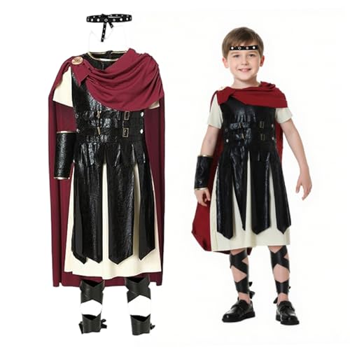 Trrymbbe Roman Soldier Costume Kids, Cosplay Soldier Costume For Boys Includes Headband, Dress (including Cape), Sleeve Cover, Leg Straps For Cosplay Halloween Medieval Dress Up, M von Trrymbbe