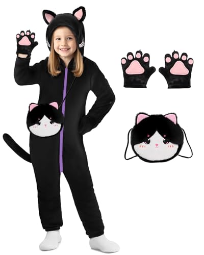 Trsenvrml Halloween-Kostüm für Mädchen, schwarzer Katzen-Strampler, verkleidet sich als Rollenspiel für Kinder, mit Kapuze, Strampler, Jumpsuit, 6–7 Jahre von Trsenvrml