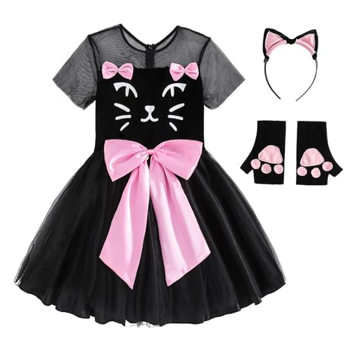 Trsenvrml Halloween Kostüm für Mädchen schwarze Katze Kleid Geburtstag Prinzessin Weihnachten Verkleidung Karneval Party und Rollenspiele für Kinder (Pink, 7-8T) von Trsenvrml