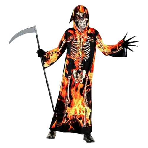 Trsenvrml Kinder-Halloween-Kostüm für Jungen, Sensenmann, Cosplay, Skelett, mit Kapuze, Robe + Sense + Handschuhe, gruselige Halloween-Kostüme, Alter 6–11 Jahre (Schwarz, 10–11 Jahre) von Trsenvrml