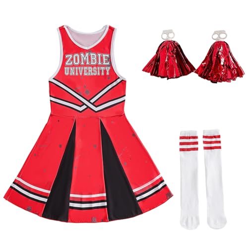 Trsenvrml Kinder-Halloween-Kostüm für Mädchen, Cheerleader-Kleider, Uniform, ärmellos, mit Pompons, Socken für Halloween-Party, Rot, 7–8 Jahre Trsenvrml Kinder-Halloween-Kostüm für Mädchen, Cheerleader-Kleider, Uniform, ärmellos, mit Pompons, Socken für Halloween-Party, Rot, 7–8 Jahre von Trsenvrml