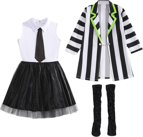 Trsenvrml Mädchen Halloween Kleid Anzug Gestreifter Mantel & Ärmelloses Kleid mit Fliege & Socken Outfit für Kostümpartys und Rollenspiele (12-14 Jahre) von Trsenvrml