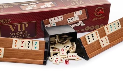 TruWare Just Camp Rummy Spiel Set aus Holz mit Melamin Steinen | Rommé Star Okey Deluxe VIP hell Gesellschaftsspiel Legespiel mit Würfel von TruWare Just Camp