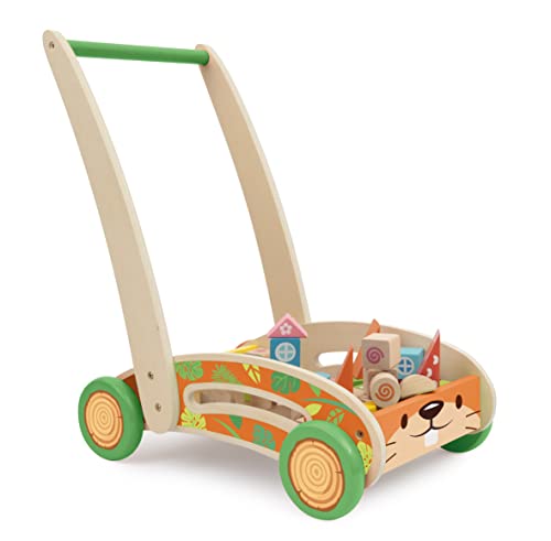 SEVI 88060 Wood Eco Smart Holz Lauflernhilfe mit Bauklötzen, Baby-Walker mit 40 Bausteinen, Entwicklung von Balance und Motorik, Nachhaltiger Spielwagen für Kinder ab 12 Monate, ca. 39 x 27 x 38 cm von Trudi
