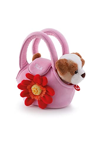 Trudi 29728 Fashion Pets Plüschhund in der Tasche ca. 19 cm, Größe XS, hochwertiges Stofftier Set mit kuscheliger Tragetasche für den Hund, Plüschtier waschbar, Kuscheltier für Kinder, Braun / Rosa von Trudi