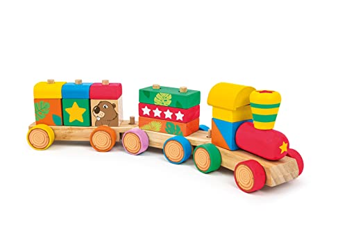 SEVI 88050 Wood Eco Smart Holz Stapelspiel Eisenbahn, 18-teiliges Bauset, Nachhaltiges Motorik-Spielzeug zum Farben und Formen Lernen, Lernspielzeug für Kinder ab 18 Monate, ca. 34 x 7 x 11 cm, Bunt von Trudi
