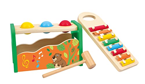 Sevi 88052 Wood Eco Smart Holz Xylophon und Klopfbank, Nachhaltiges Hammerspiel mit ausziehbarem Xylofon in bunten Farben, Hochwertiges Motorik-Spielzeug für Kinder ab 12 Monate, ca. 30 x 14 x 15 cm von Sevi