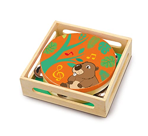 Sevi 88066 Wood Eco Smart Holz Tamburin für Kinder, Nachhaltiges Musikinstrument mit Holzbox und fröhlichem Design, Hochwertiges Motorikspielzeug für Kinder ab 10 Monate, ca. 17 x 17 x 5 cm, Orange von Trudi
