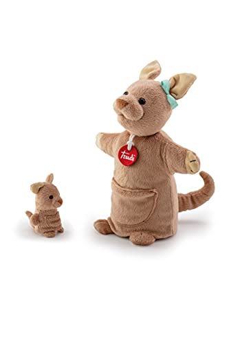 Trudi Puppets TUDG0000 Handpuppe Känguru mit Baby ca. 25 cm (Größe S), Stofftier aus hochwertigen Materialien, liebevolle Details, sehr flauschig, waschbar, Kuscheltier und Puppe für Kinder, Braun von Trudi