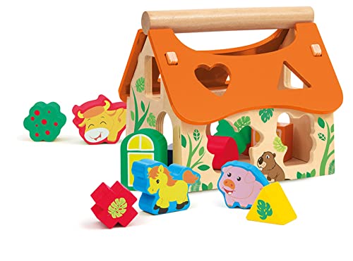 Sevi 88056 Wood Eco Smart Holz Sortierspiel Bauernhof mit Tieren 14-teilig, Nachhaltiges Steckspielzeug zur Motorik-Entwicklung, Spielhaus für Kinder ab 12 Monate, ca. 20 x 18 x 18 cm, Bunt von Trudi