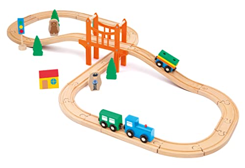 SEVI 88061 Wood Eco Smart Holz Bauset Eisenbahn, 39-teiliges Konstruktionsspielzeug, Nachhaltiges Spielset mit Wagons, Schienen & Figuren, Motorikspielzeug für Kinder ab 3 Jahre, ca. 29 x 29 x 6 cm von Trudi