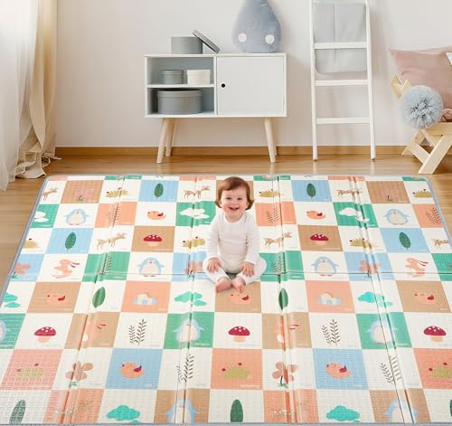 Truevaste Krabbelmatte Baby 180x200cm, Faltbare Spielmatte Kinder Doppelseitigem, Wasserfeste Rutschfest Play Mat, Tragbar Bodenmatte mit Tragetasche, Teppich für Kinder- & Wohnbereich,Buntes Tiernetz von Truevaste