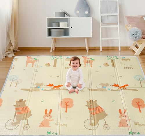 Truevaste Krabbelmatte Baby 180x200x1.5cm, Faltbare Spielmatte Kinder Krabbeldecken Doppelseitigem Wasserfeste, Kindermatte mit Tragetasche, Babymatte für Kinderzimmer & Wohnzimmer (Tierdrucke) von Truevaste
