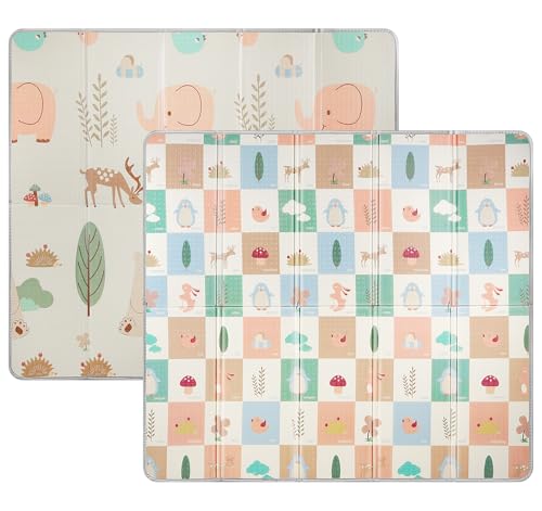 Truevaste Krabbelmatte Baby 180x200x1.5cm Faltbare Spielmatte Kinder Zweiseitige Wasserfeste Rutschfest Play Mat Tragbar Bodenmatte mit Tasche Teppich für Kinder- & Wohnbereich, Buntes Tiernetz-Muster von Truevaste