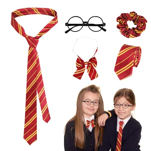 Zauberer Kostüm Kinder Erwachsene, Zauberer Rot-Gelbe Gestreifte Krawatte Stirnband Brille Kostüm Zubehör für Halloween Karneval Cosplay Uniform von Trukafie