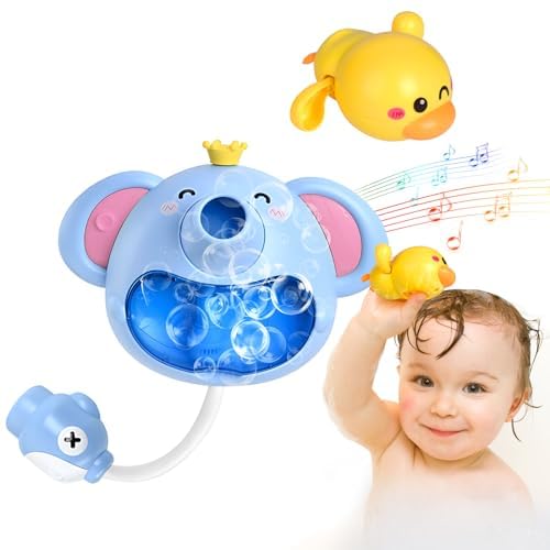 Elefant Baby Badespielzeug Musik Blasenmaschine mit 1 Ente aufziehbare Badewannenspielzeuge, Elefant Dusche Wasserspielzeug Geschenk für Kleinkinder Kinder Jungen Babys Blue mit Ente von Trulloyoo