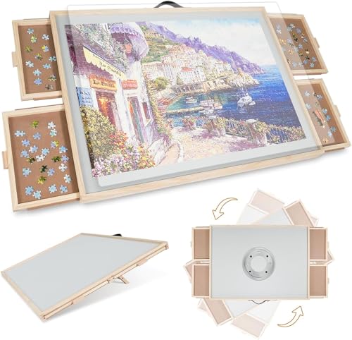 Truwheelz 2-in-1 Kipp- und Drehpuzzle-Brett als Geschenk für Erwachsene-Holz-Puzzle-Tisch mit 4 Schubladent, ragbarer Puzzle-Tisch mit Drehplatte und Abdeckung, 87 x 64 cm für 1500 Teile(Meduim) von Truwheelz