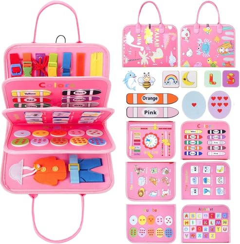 Try & Getfun Montessori Buch 1 Jahr Busy Board Montessori – Sensorische Maletin mit 20 Aktivitäten, interaktives Buch – Montessori-Spielzeug für Kinder, Feinmotorik, Babybuch für 6 Monate (Rosa) von Try & Getfun