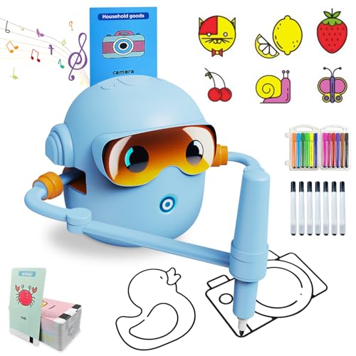 Interaktiver pädagogischer Zeichenroboter Kinder mit 100 Lernkarten, Musik & 12 Buntstiften, Sprachinteraktiver Lernspielzeug, Drawing Robot für Jungen Mächen ab 3 Jahren von Trywise