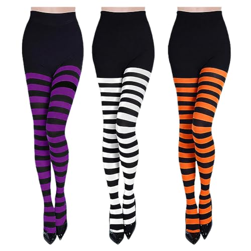 3 Paar Halloween Gestreifte Strumpfhosen Strumpf für Frauen Damen Blickdicht Halterlose Strümpfe Vollfuß Orange Lila Weiß Hohe Strümpfe für Party Kostüm Dress Up Schule Tanz Alltag von Tsangbaby