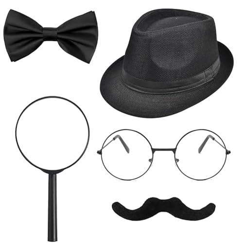 Detektiv-Kostüm-Zubehör-Set für Kinder und Erwachsene, schwarzes Detektiv-Kostüm-Set mit Hut, gefälschter Schnurrbart, Fliege, schwarzer Rahmen, Brillen, Lupe für Halloween, Cosplay, Karneval, Party Detektiv-Kostüm-Zubehör-Set für Kinder und Erwachsene, schwarzes Detektiv-Kostüm-Set mit Hut, gefälschter Schnurrbart, Fliege, schwarzer Rahmen, Brillen, Lupe für Halloween, Cosplay, Karneval, Party von Tsangbaby