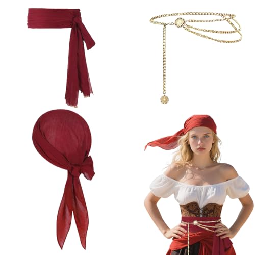 Tsangbaby 3 Stück Piratenkostüm-Zubehör für Damen, Mittelalterliches Renaissance-Piraten-Outfit, Kostümzubehör, rote Piraten, Bandana, Schärpe, Gürtel, Taillenkette für Halloween, Party, Cosplay Tsangbaby 3 Stück Piratenkostüm-Zubehör für Damen, Mittelalterliches Renaissance-Piraten-Outfit, Kostümzubehör, rote Piraten, Bandana, Schärpe, Gürtel, Taillenkette für Halloween, Party, Cosplay von Tsangbaby
