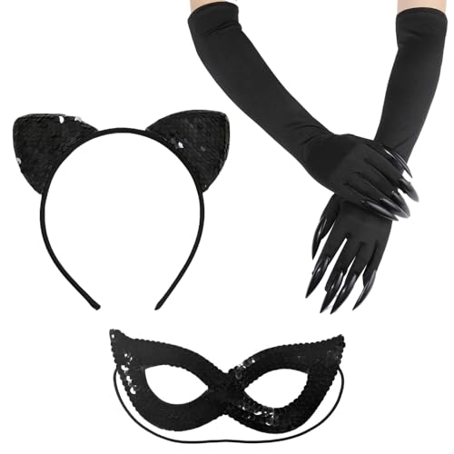 Tsangbaby 3-teiliges schwarzes Katzenkostüm-Set für Damen, Cosplay-Kostüme mit Katzenohren, Katzenmasken, Katzenkrallen, Katzen-Zubehör für Erwachsene, Kinder, Halloween, Party, Bühnenshow, Maskerade Tsangbaby 3-teiliges schwarzes Katzenkostüm-Set für Damen, Cosplay-Kostüme mit Katzenohren, Katzenmasken, Katzenkrallen, Katzen-Zubehör für Erwachsene, Kinder, Halloween, Party, Bühnenshow, Maskerade von Tsangbaby