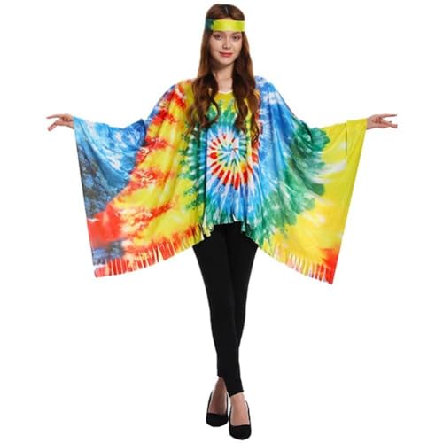 Tsffae Damen 60er 70er Vintage Hippie Umhang Kostüm Damen Hippie Hose Kostüm Kurzes Hippie Kostüm Hippie Kleider Für Party Cosplay von Tsffae